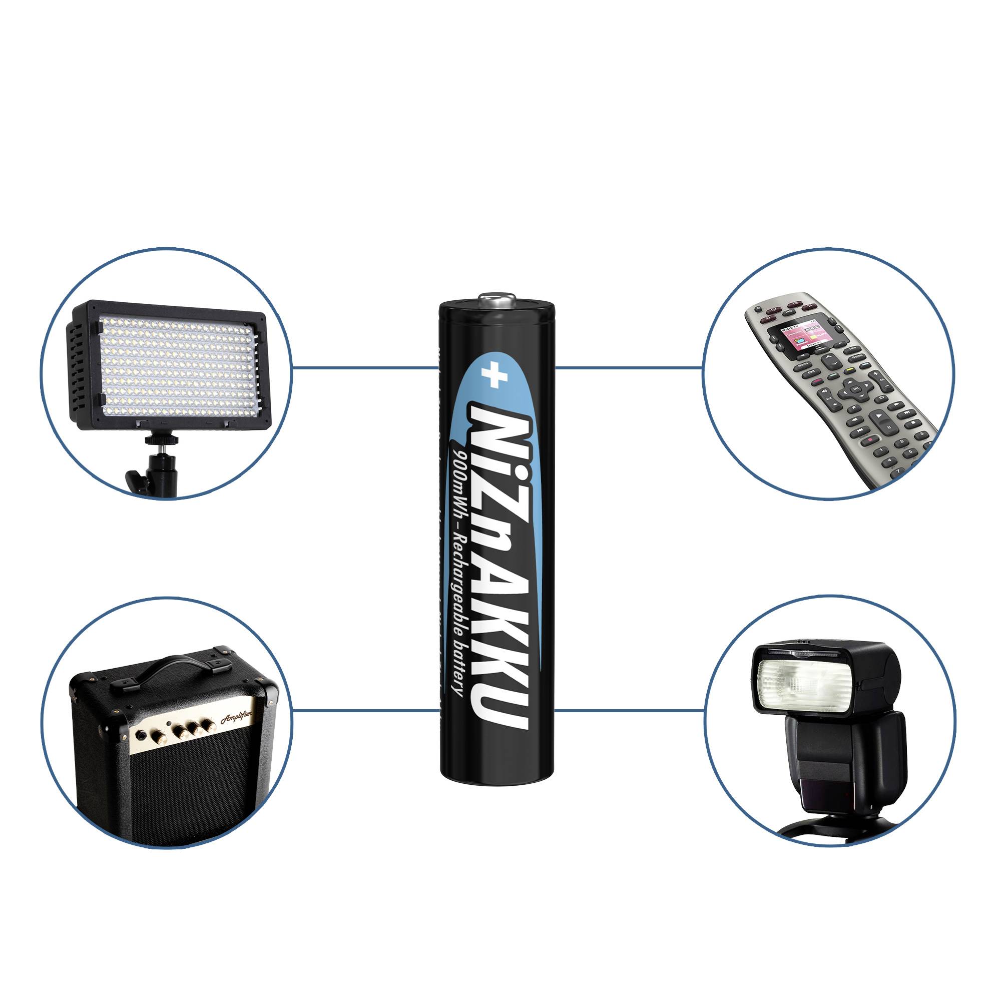 'NiZn-accu' in het midden, omgeven door vier apparaten: LED-lamp, versterker, afstandsbediening en camera-flitser. Toont compatibiliteit.