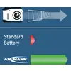 'Hoe je de Ansmann-camera bedient met een standaard accu'. Diagram toont batterijwissel-proces met pijlen en logo's.