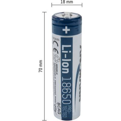 Lithium-ion batterij van het formaat 18650 met een blauwe behuizing, 70 mm lang en 18 mm diameter. Aan de bovenkant is het plusteken gemarkeerd.