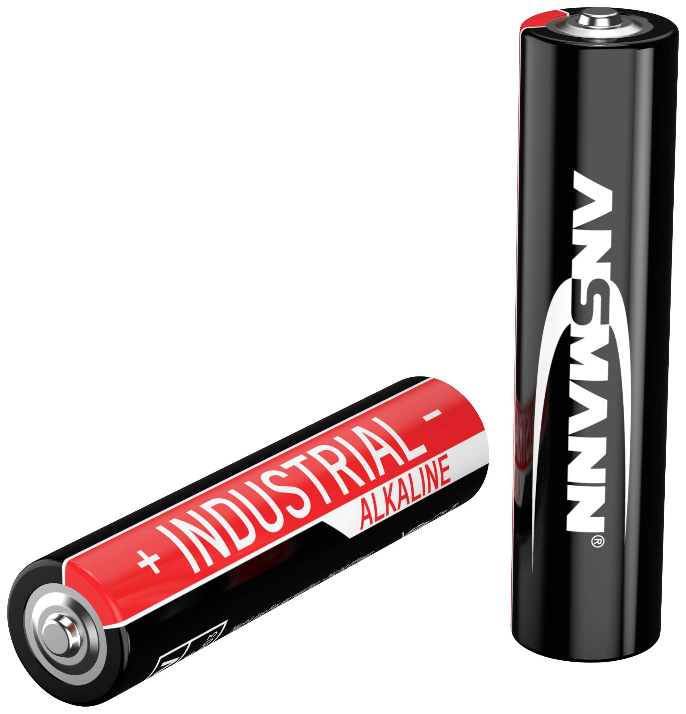Twee zwarte AA-batterijen, één liggend en één staand, met de opschriften 'INDUSTRIAL' en 'ANSMANN'.