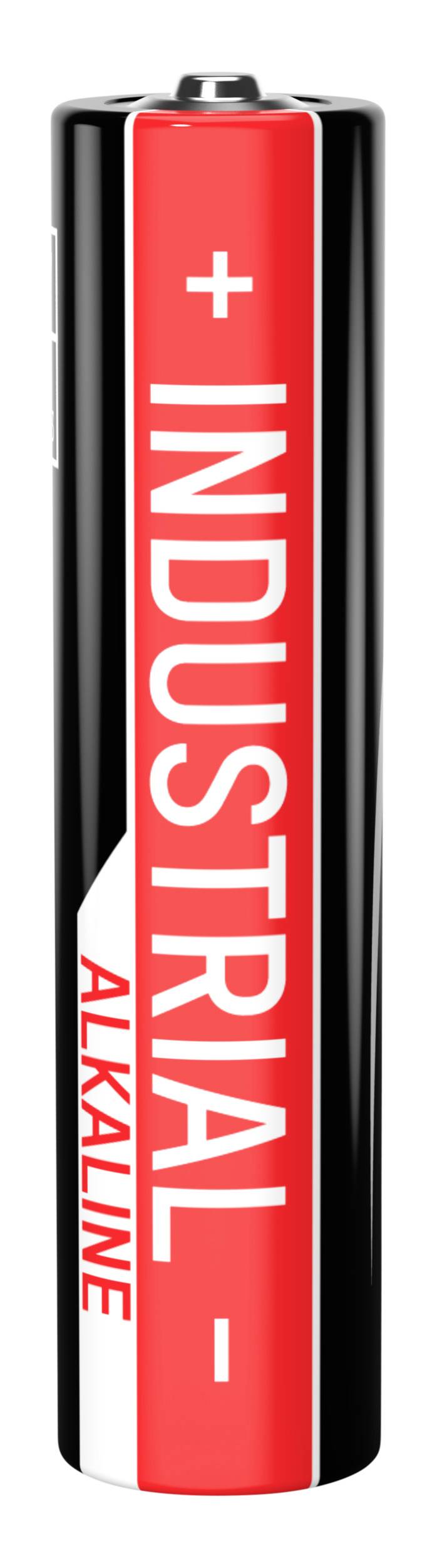 'Alkalische industriebatterij' in verticale opstelling met positieve en negatieve polen zichtbaar. Zwarte behuizing met rood etiket.