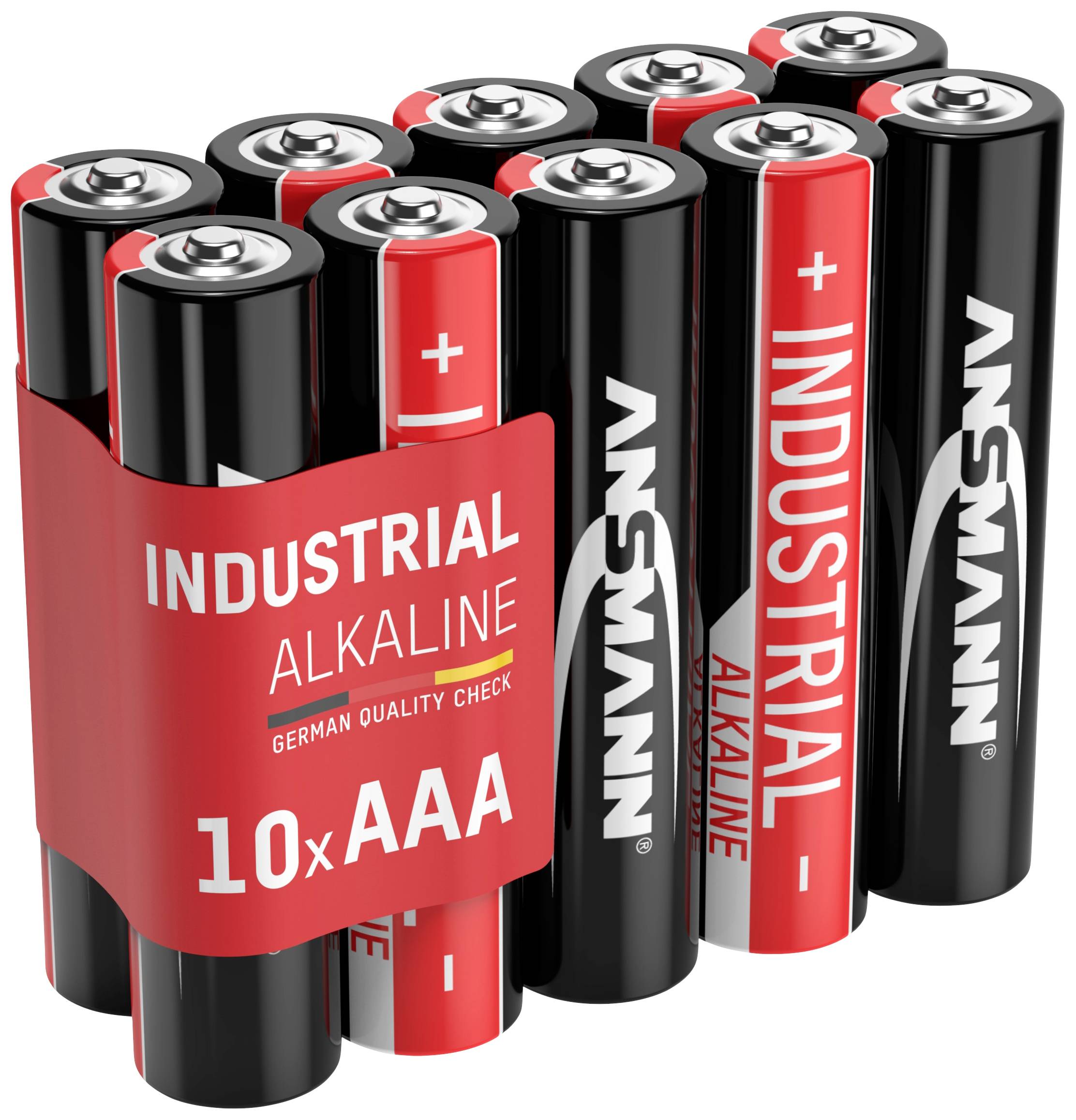 Een set van 10 AAA-alkaline industriebatterijen met rode en zwarte verpakking, gemerkt met 'German Quality Check'.