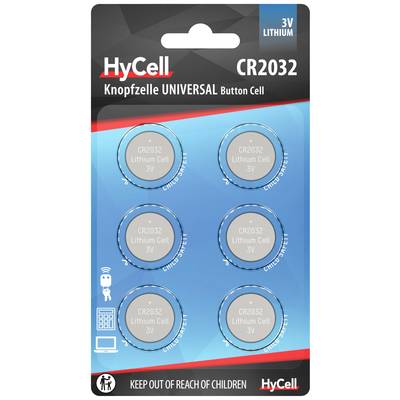 'HyCell' CR2032 knoopcel verpakking, 6 lithiumbatterijen. Waarschuwing: 'Buiten bereik van kinderen bewaren.'