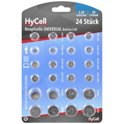 'HyCell Knoopcel', Blisterverpakking met 24 knopcellen, verschillende types inclusief CR2032; Waarschuwing 'Buiten bereik van kinderen houden'.