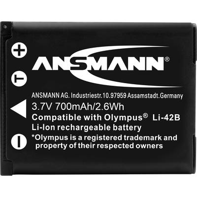 Zwarte Li-Ion-accu van ANSMANN, compatibel met Olympus Li-42B, 3,7V, 700mAh/2,6Wh, vervaardigd in Duitsland.