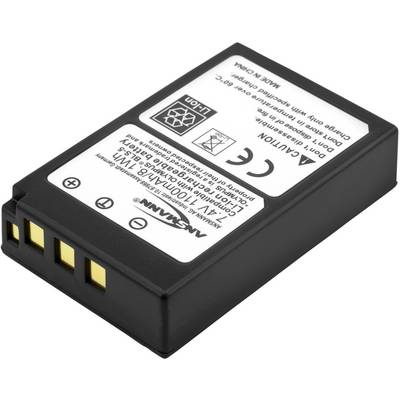 Zwarte accu met wit etiket voor Nikon-camera's. De accu heeft een capaciteit van 7,2 V en 1100 mAh. Op het etiket staan voorzorgsmaatregelen.