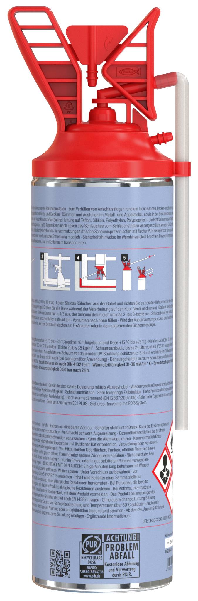 Rode aerosol blusapparaat met slang en veiligheidsinstructielabel, rechtop op een witte achtergrond weergegeven.