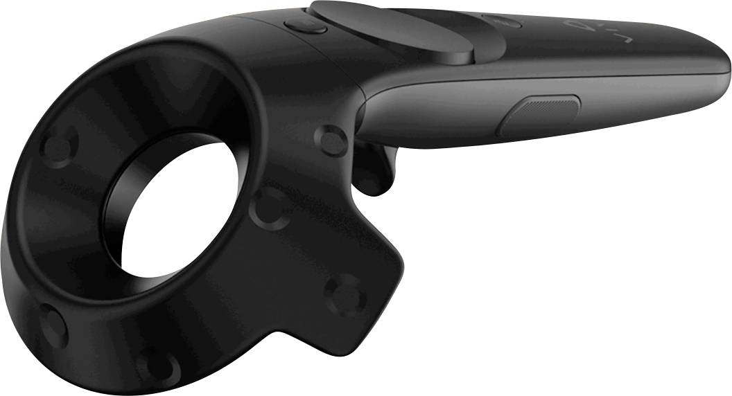 Zwarte controller met ringhouder, platte greep, meerdere knoppen en ergonomisch ontwerp, geschikt voor virtual reality-games.