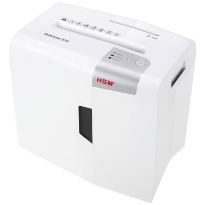 Een witte papiervernietiger van het merk HSM met zichtbare gleuf voor papierinvoer en controlelampjes. Model: Shredstar S10.