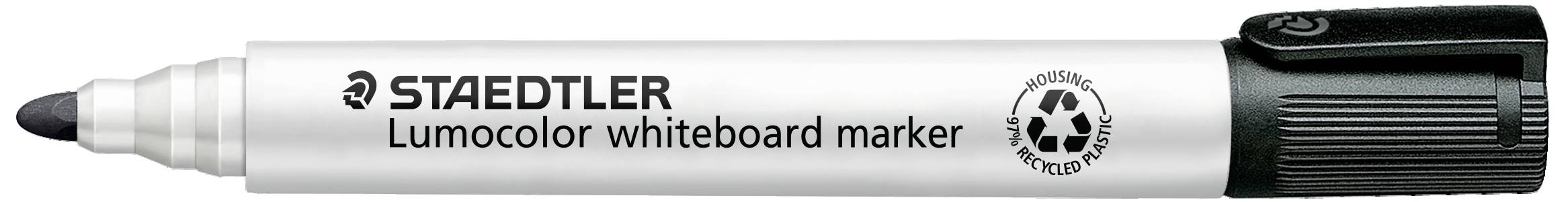 Een zwarte Staedtler Lumocolor whiteboardmarker met recyclinglogo.