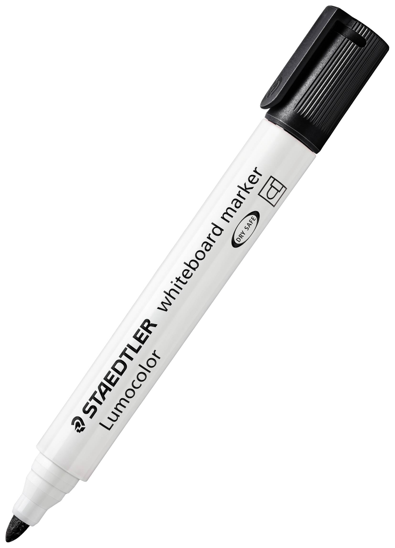 Witte whiteboardmarkers met zwarte dop, gemerkt 'STAEDTLER whiteboard marker', geschikt voor whiteboards.