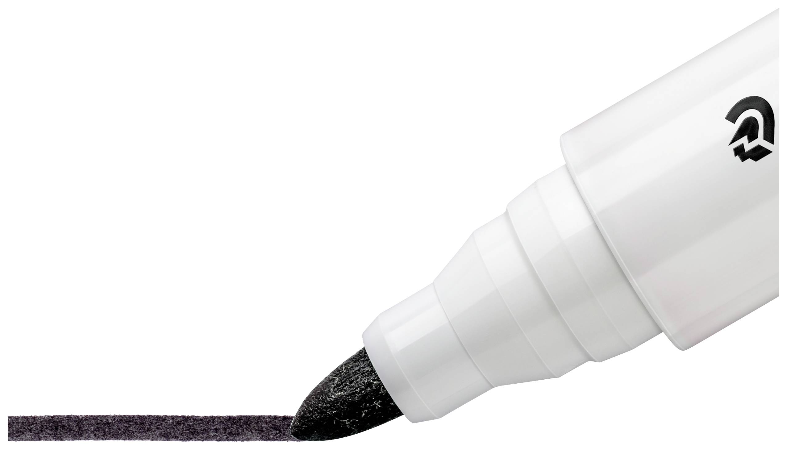 Een witte pen met een zwarte punt trekt een zwarte lijn op een witte oppervlakte.