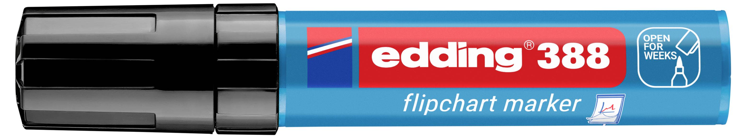 Zwarte flipchart-markerstift met het label 'edding 388' met het logo 'open free weeks' op een blauwe barrel en dop.