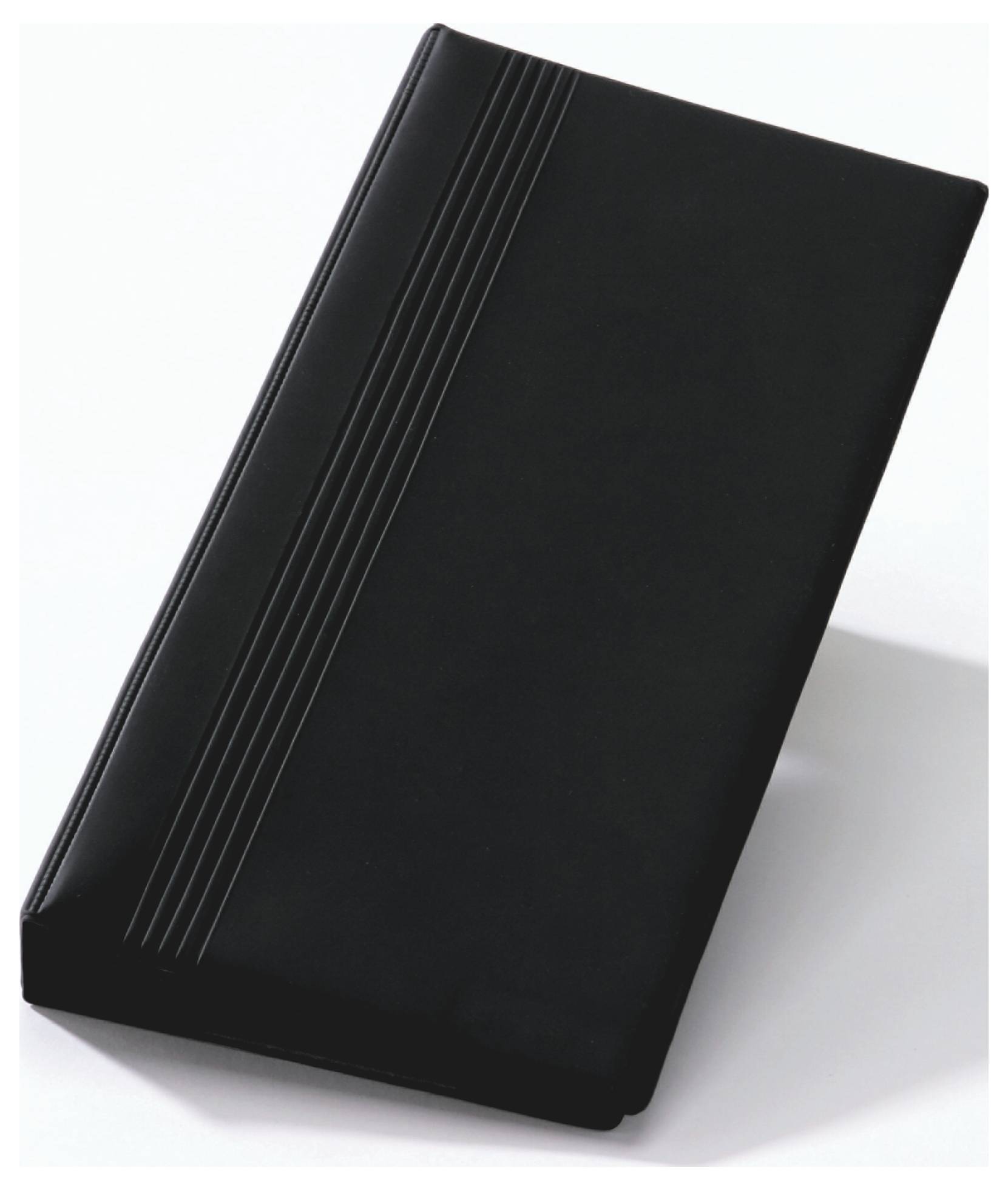 Zwart hardcover notitieboek of dagboek rechtop staand op een lichte achtergrond, met smalle verticale groeven dicht bij de rug.