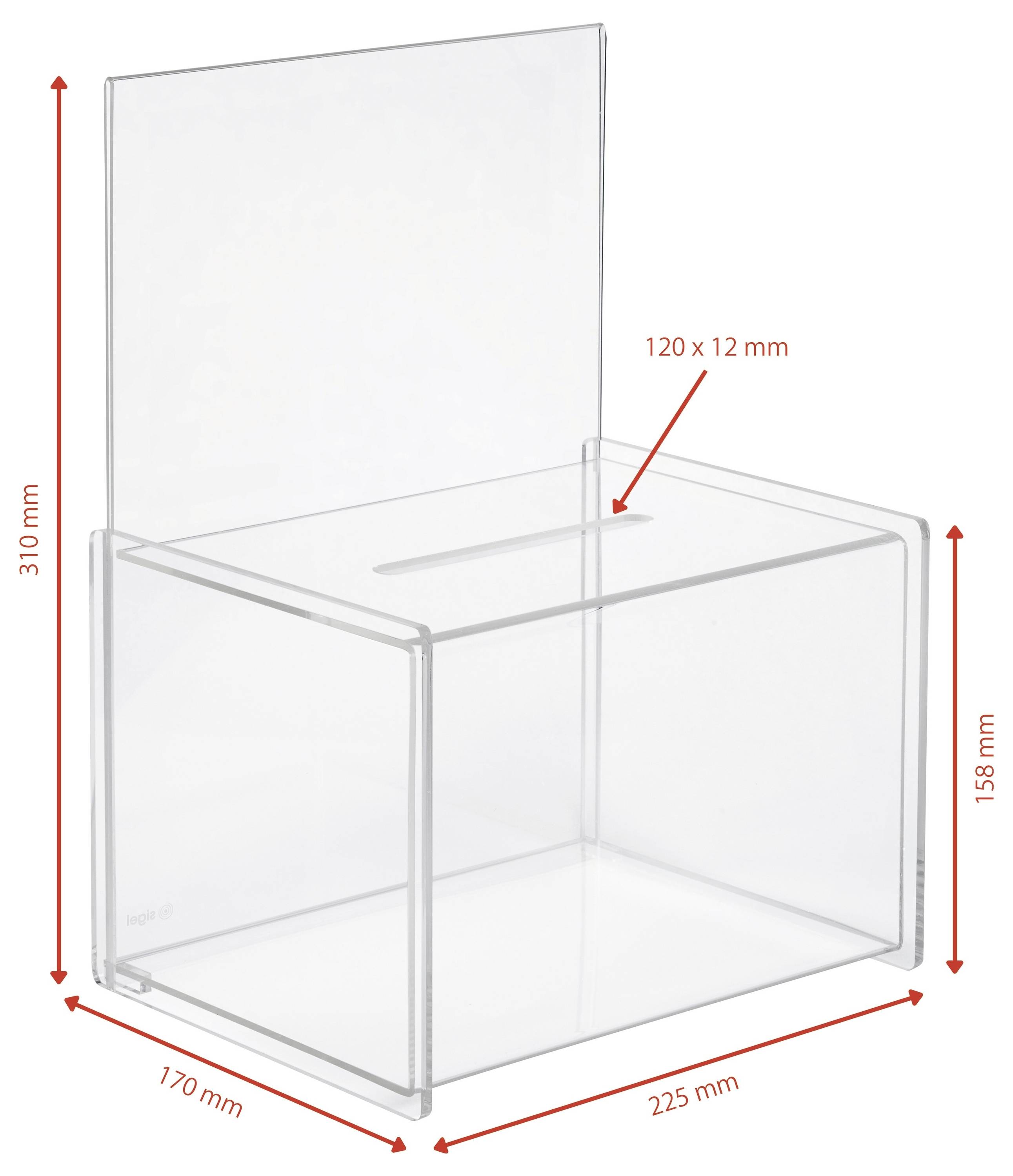 Transparante acryl displaystandaard met rechtopstaand achterpaneel, met afmetingen van 225 mm breed, 170 mm diep, 158 mm hoog en 310 mm totale hoogte; sleuf is 120 x 12 mm.