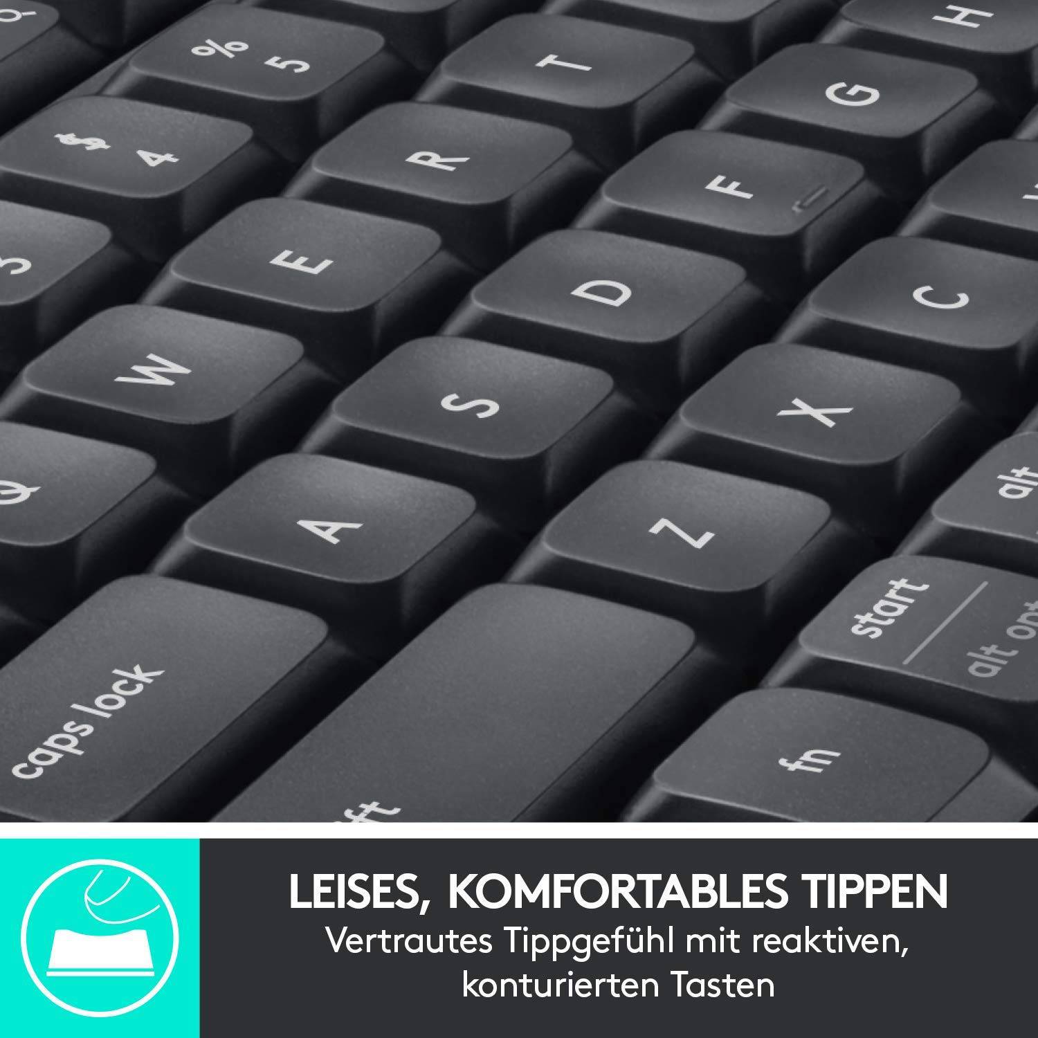 'Close-up van een toetsenbord met geaccentueerde toetsen. Tekst: Zacht, comfortabel typen – Vertrouwd trefgevoel met responsieve, gecontoureerde toetsen.'