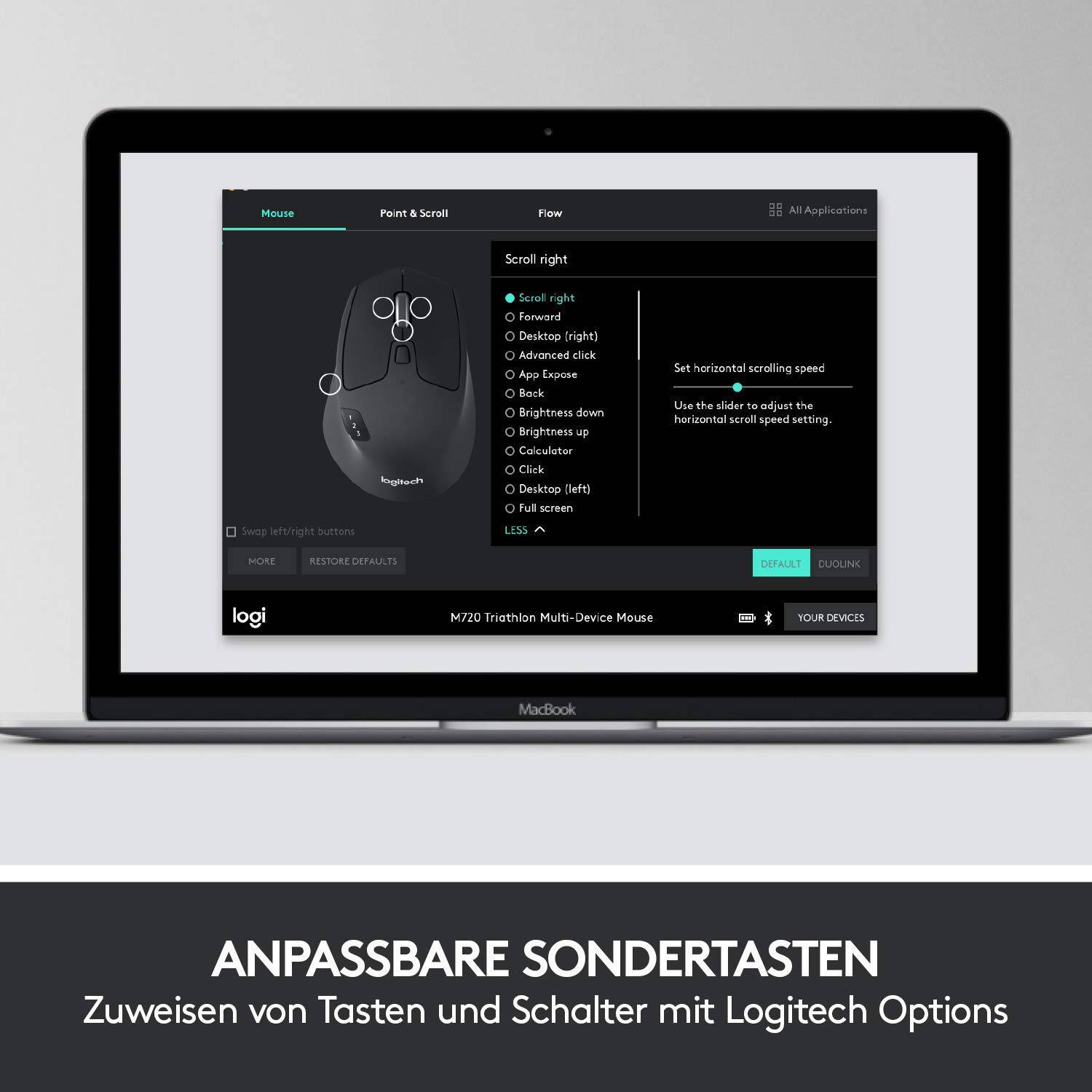 Laptopscherm toont Logitech Options-software voor het aanpassen van muisknoppen. Ondertitel hieronder: 'Aanpasbare speciale toetsen'.