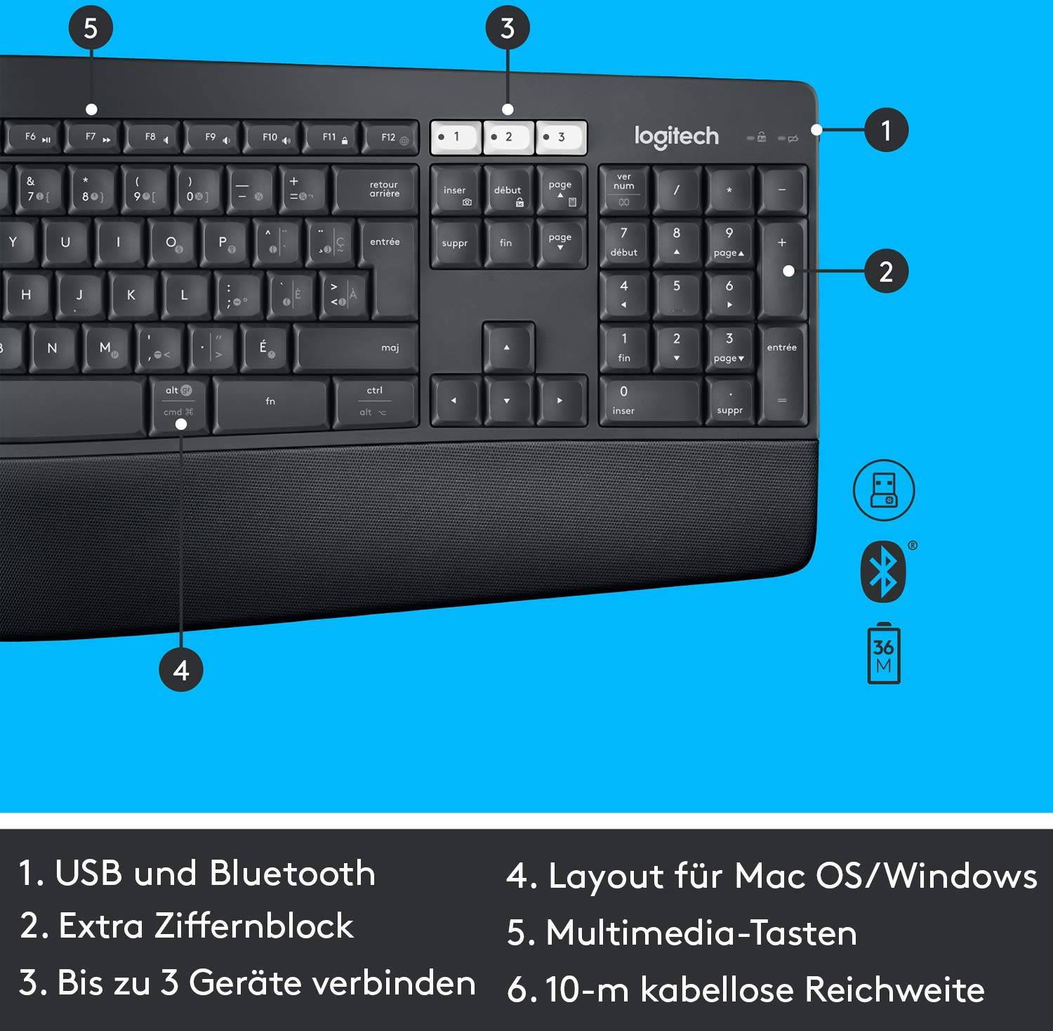 Zwarte toetsenbord met numeriek toetsenblok, multimediatoetsen en USB/Bluetooth-aansluitmogelijkheid voor maximaal 3 apparaten.