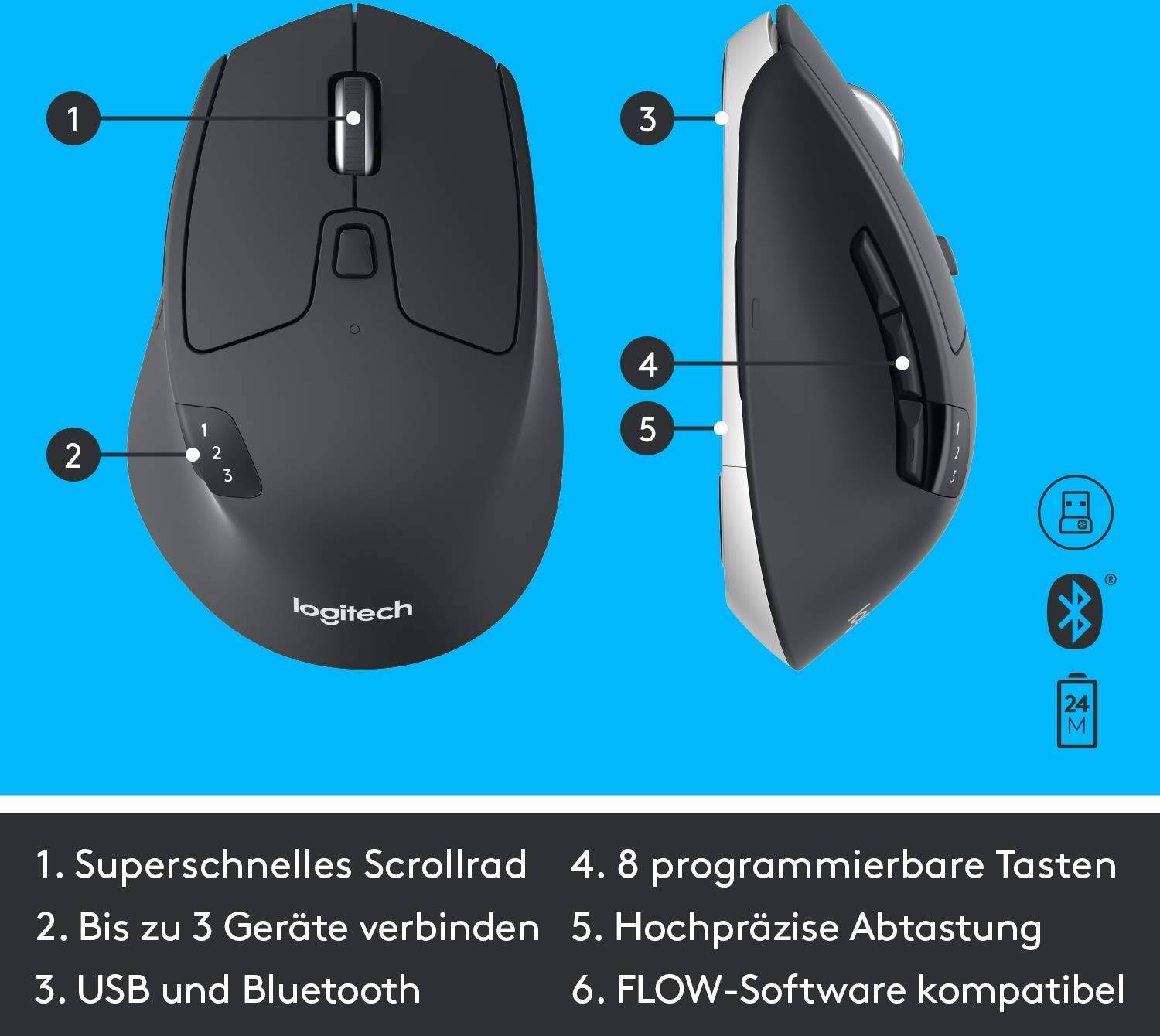 Draadloze computermuis met supersnel scrollwiel, verbindbaar met maximaal 3 apparaten via USB/Bluetooth. 8 toetsen programmeerbaar.