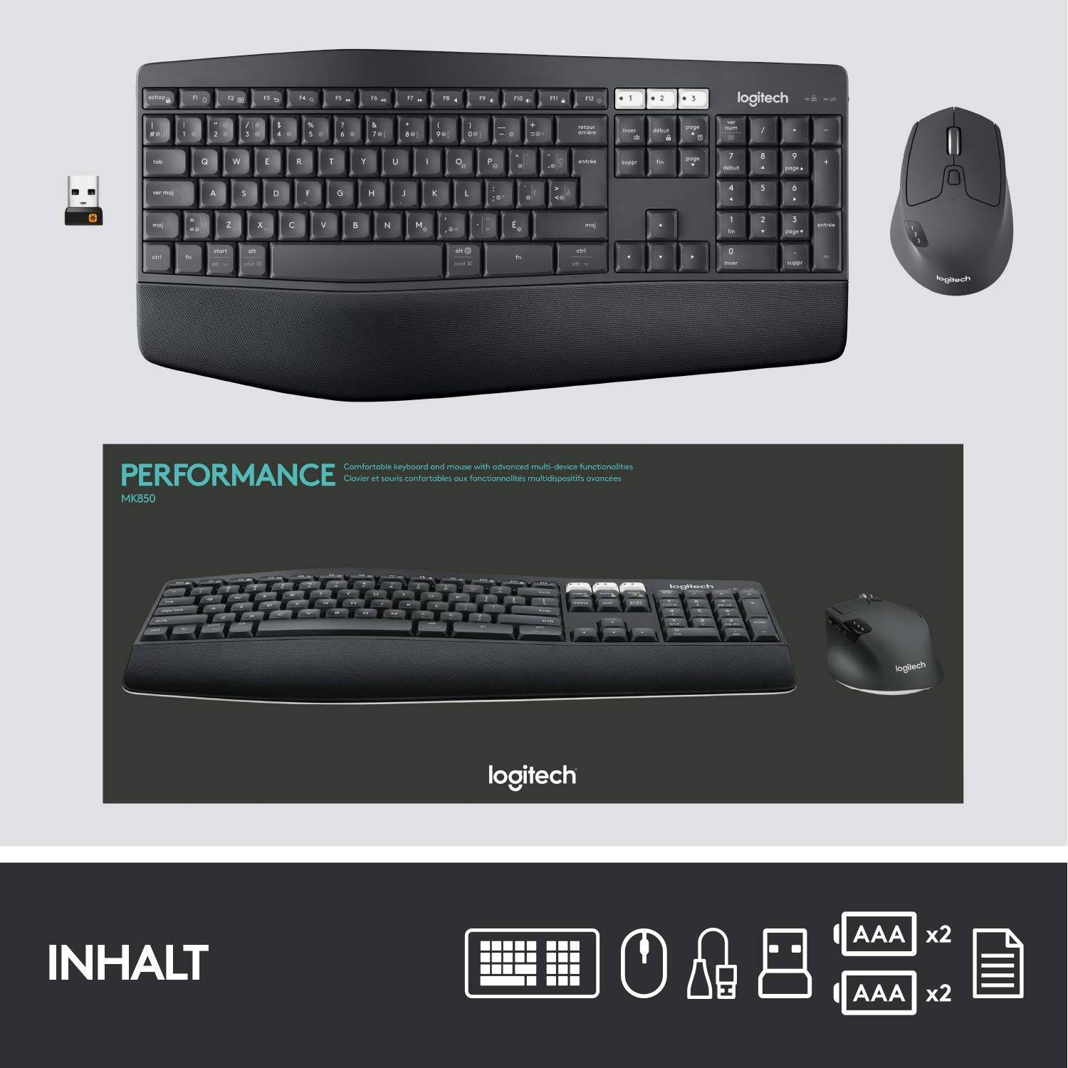 Draadloos Logitech-toetsenbord en -muis naast USB-dongle. Verpakking met modelaanduiding, productafbeelding en gedetailleerde illustraties.