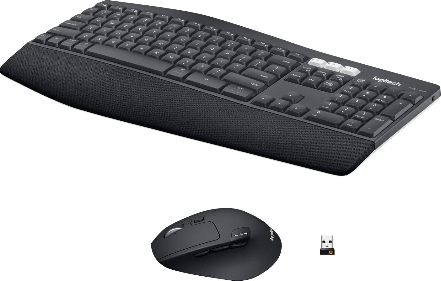 Draadloos zwart toetsenbord met deksel en zwarte muis, inclusief een USB-dongle voor draadloze verbinding, op een witte achtergrond.