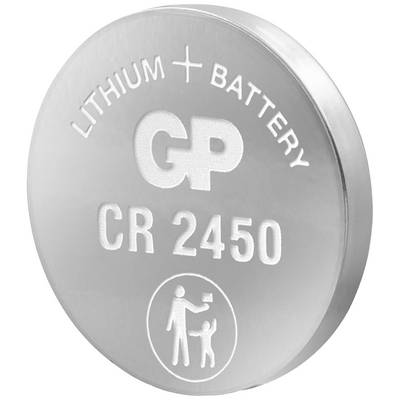 Zilveren knopfcel GP Ultra+ lithium CR2450 met pluspaal en batterijsymbool.