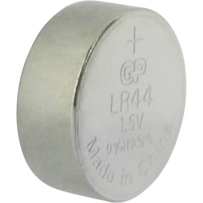 Zilveren knoopcel batterij met pluspoolmarkering, opschrift 'GP LR44 1.5V', 'Hg&Pb 0%' en 'Made in China'.