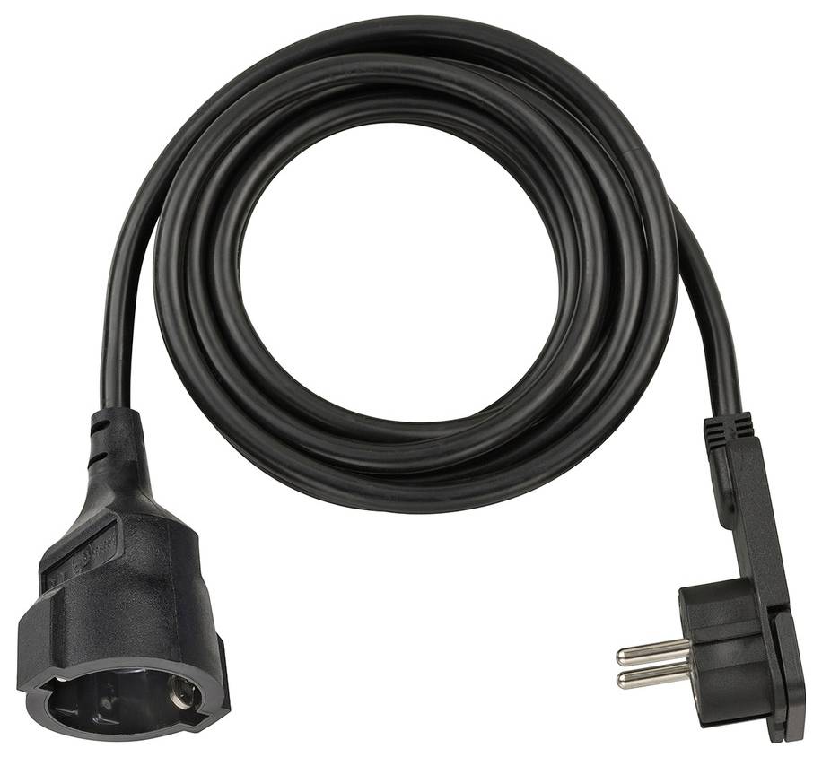 Opgerolde zwarte stroomverlengsnoer met een Europese stekker aan het ene uiteinde en een socketconnector aan het andere uiteinde.