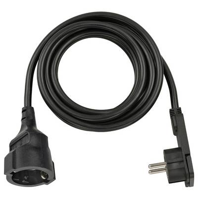 Opgerolde zwarte stroomverlengsnoer met een Europese stekker aan het ene uiteinde en een socketconnector aan het andere uiteinde.