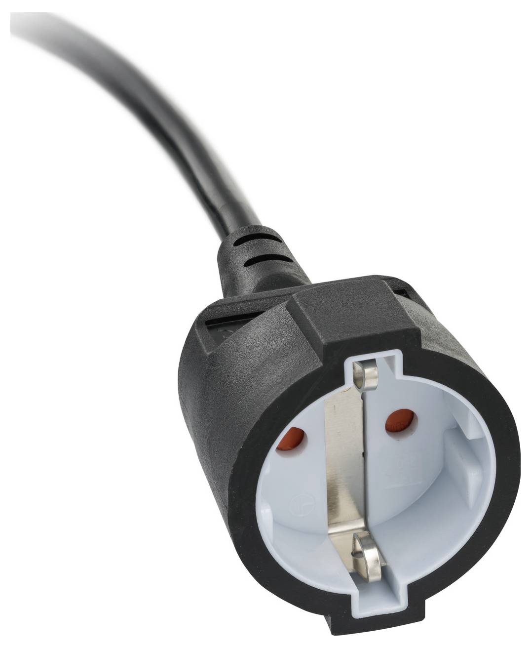 Close-up van een zwarte stroomkabel met een Europese twee-pins stekkerconnector op een witte achtergrond.