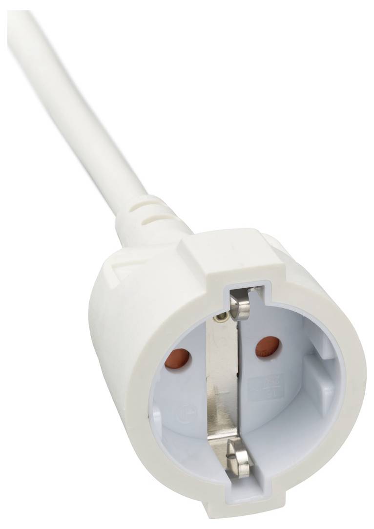 Witte elektrische stekkerconnector met aangesloten kabel, weergegeven van voren op een eenvoudige achtergrond.