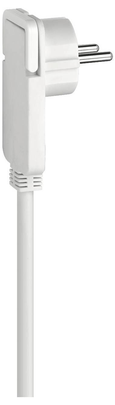 Witte elektrische stekker met twee pinnen en bijbehorende kabel, geïsoleerd weergegeven op een witte achtergrond.