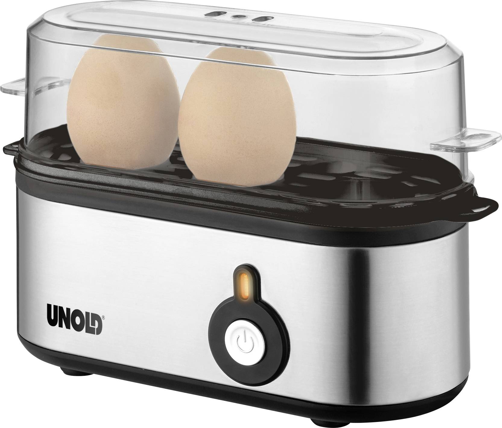 Eierkoker met twee bruine eieren erin, voorzien van een transparant deksel en een metalen voet met een aan/uit-knop en lichtindicator.