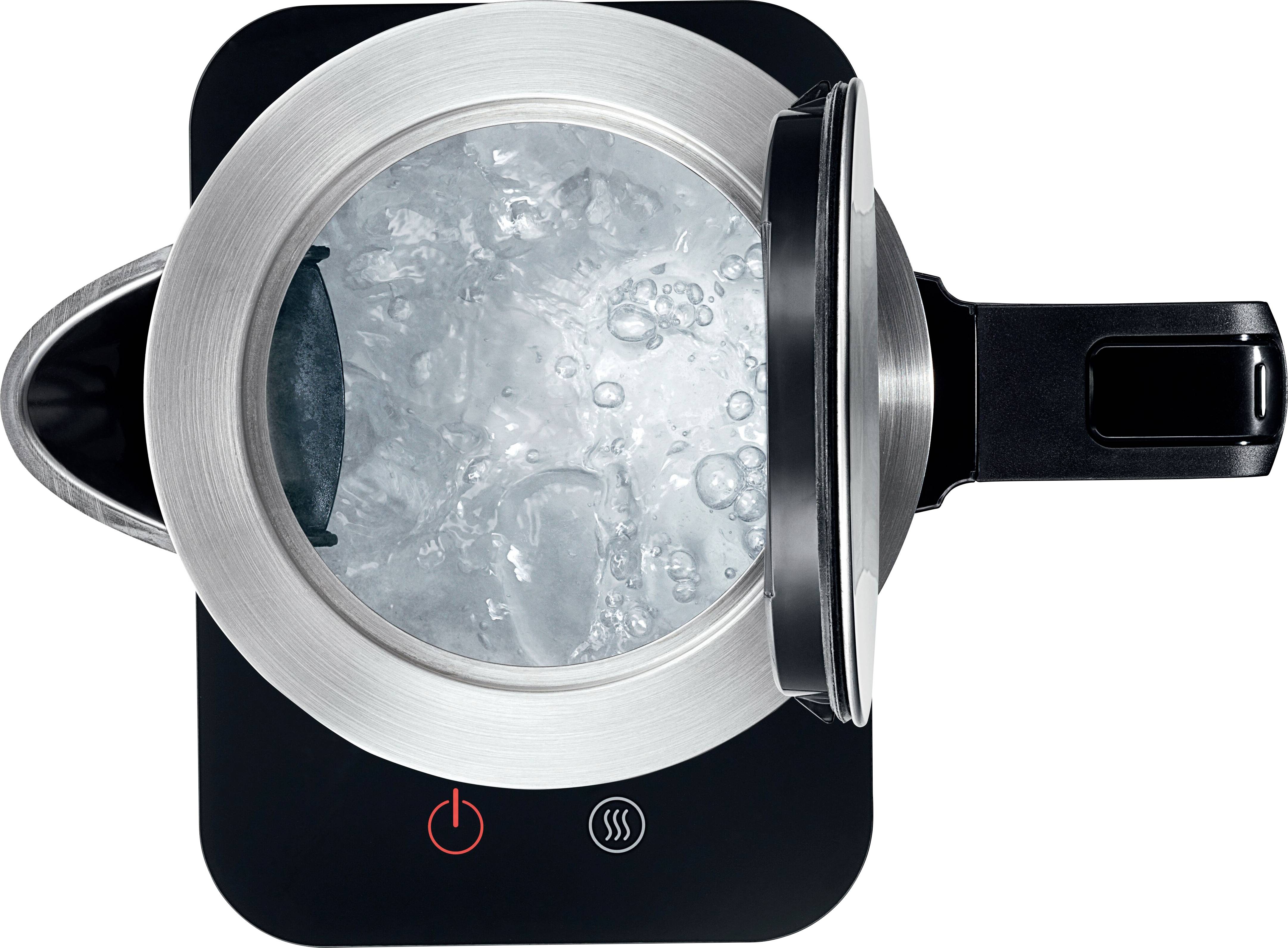 Een waterkoker met kokend water, van bovenaf gezien. Het deksel is gedeeltelijk geopend. Twee knoppen op de basis: Aan/Uit en Warmhouden.