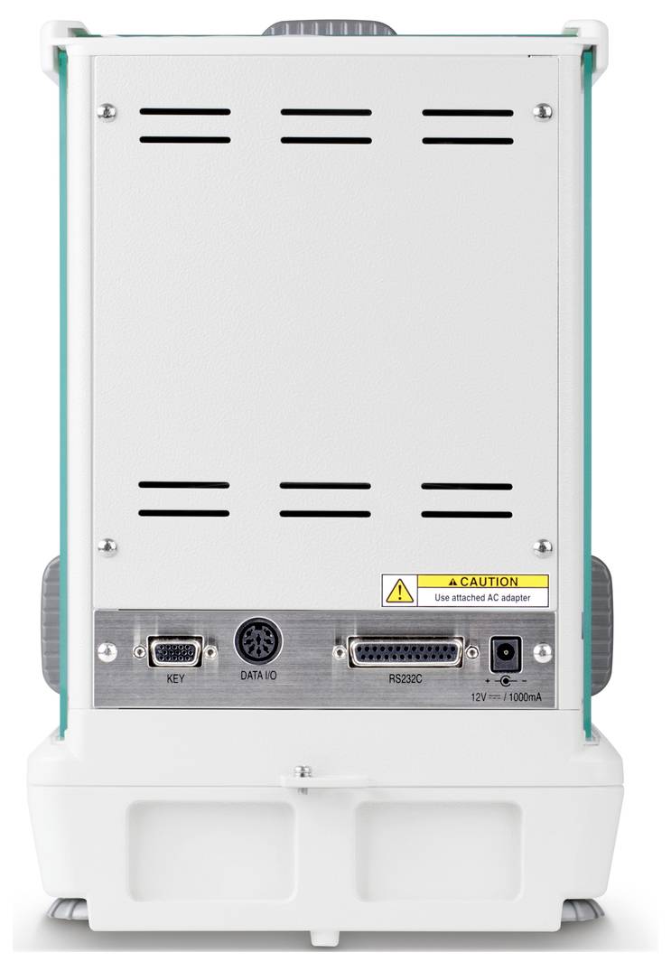 Achterzijde van een elektronisch apparaat met verschillende aansluitingen, waaronder VGA, RS232C en een stroomvoedingsaanwijzing.