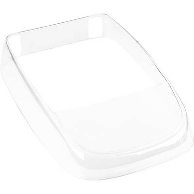 Een transparante, gewelfde kunststofhouder, mogelijk voor het vasthouden van een apparaat of document, op een witte achtergrond.
