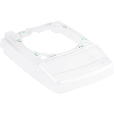 Heldere, kunststofachtige lijst met zeven kleine groene vierkanten aan de randen, mogelijkerwijs onderdeel van een technisch apparaat.