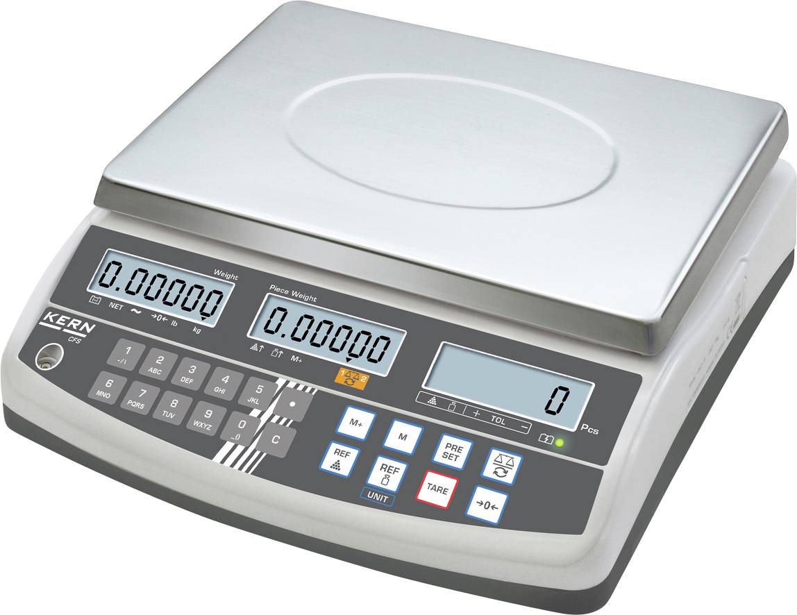 Elektronische weegschaal met digitaal display, toetsenbord en een vlak weegoppervlak, geschikt voor nauwkeurige metingen in laboratoria of keukens.