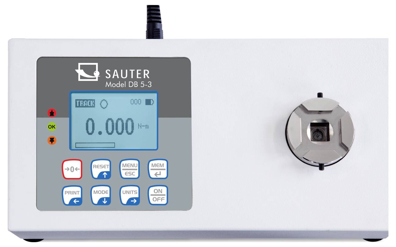 Elektronische draaimomenttester met digitaal display dat '0.000 N⋅m' weergeeft. Bedieningsknoppen eronder, aansluitconnector rechts.