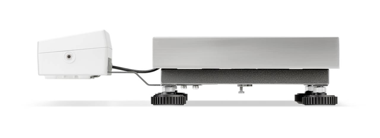 Een rechthoekig, plat elektronisch apparaat met verstelbare poten en een wit behuizing aan de linkerkant.
