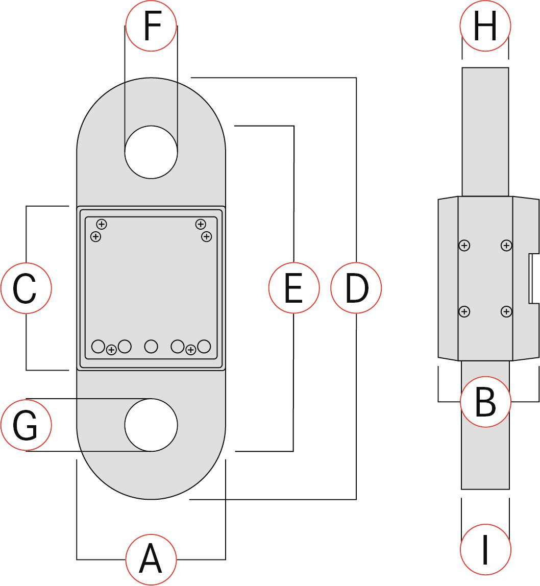 Diagram van een mechanisch onderdeel met verschillende aanduiding (A-I) en detailaanzichten van boven en opzij voor montagehandleiding.