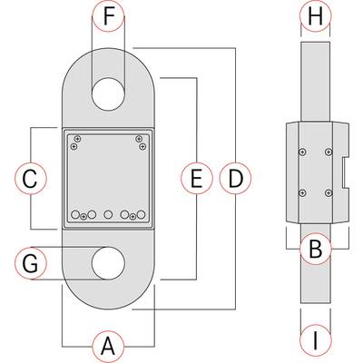 Diagram van een mechanisch onderdeel met verschillende aanduiding (A-I) en detailaanzichten van boven en opzij voor montagehandleiding.
