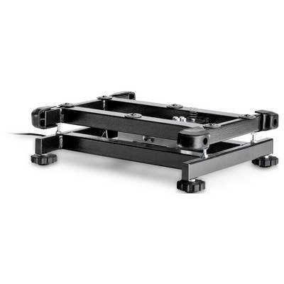 Een zwarte, verstelbare hefmechanisme met vier ronde, draaibare poten en stabiele metalen steunen.