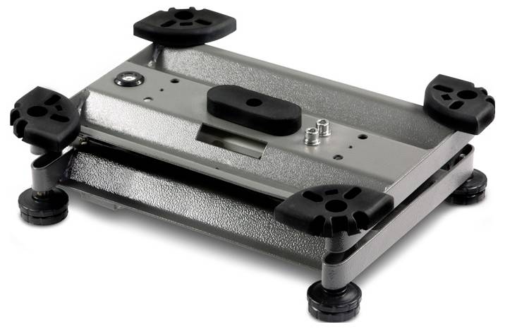 Een zilveren metalen apparaat met vier zwarte, verstelbare poten. Het lijkt op een platform of een stellage voor technische apparatuur.