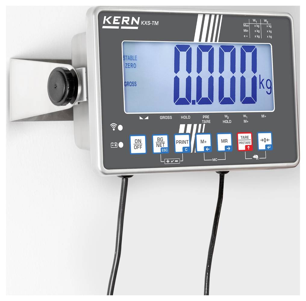Weegschaal van het merk Kern toont een gewicht van '0,000 kg' op een digitaal display. Aan de muur bevestigd met aangesloten kabels.