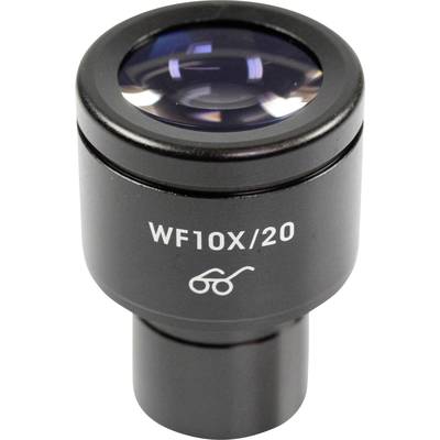 Oculairlens met de aanduiding 'WF10X/20' en een symbool dat eruitziet als een bril. Ontwikkeld voor optische vergroting.