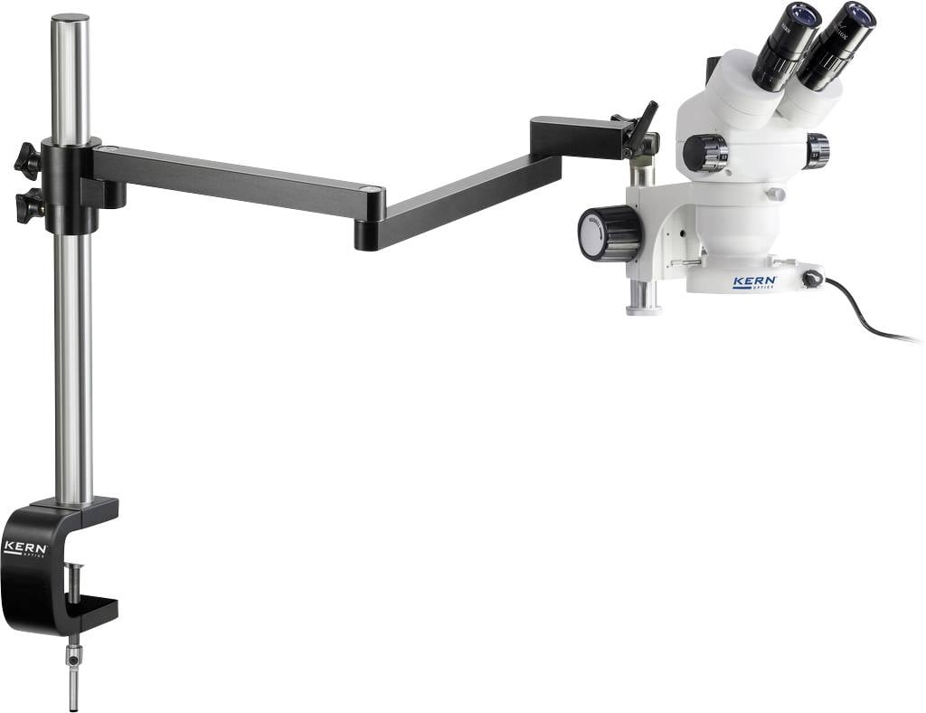 Een Zeiss stereomicroscoop met flexibele arm voor optimale positionering op een werktafel. Ideaal voor nauwkeurige detailanalyses.