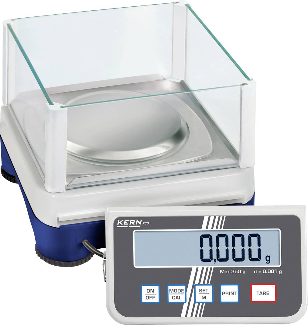 Elektronische precisieweegschaal met digitaal display, dat '0,000 g' weergeeft en een maximale capaciteit heeft van 350 g.