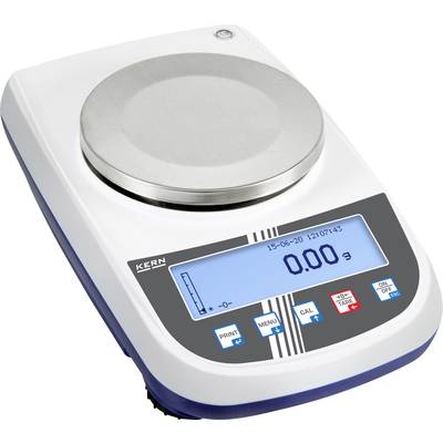 Digitale laborweegschaal met rond weegplateau en LCD-scherm, toont '0.00 g'. Bedieningsknoppen voor printen, menu, kalibratie.