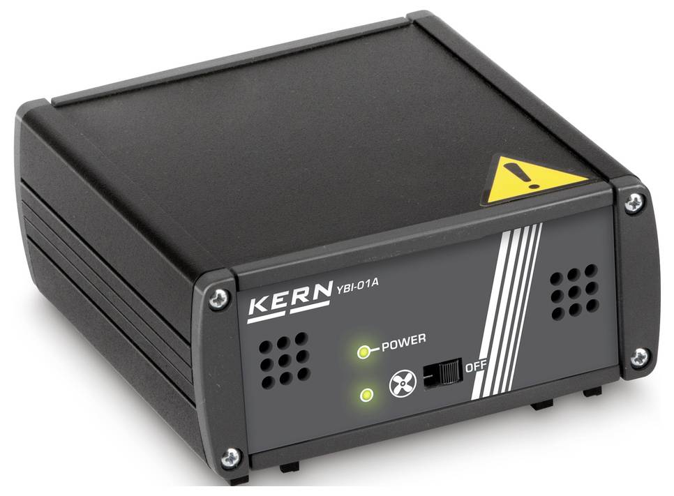 Zwart elektronisch apparaat met de opdruk 'KERN YBI-01A', een geel waarschuwingssymbool en groene led-lampjes voor 'POWER' en 'ON'.